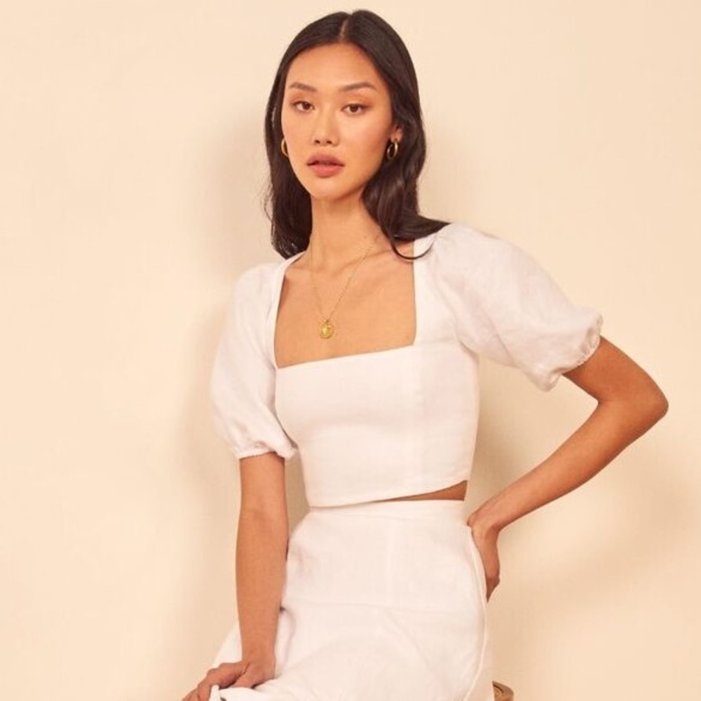 Reformation Yucca Linen Crop Top White Puff Sleeve - Size 6 🤍✨